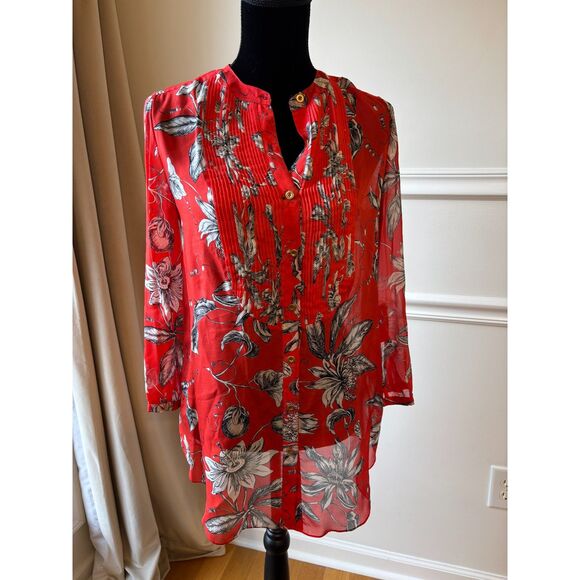 leifsdottir Tops - Leifsdottir by Anthropologie French Red Floral Silk Tunic Blouse Size 0